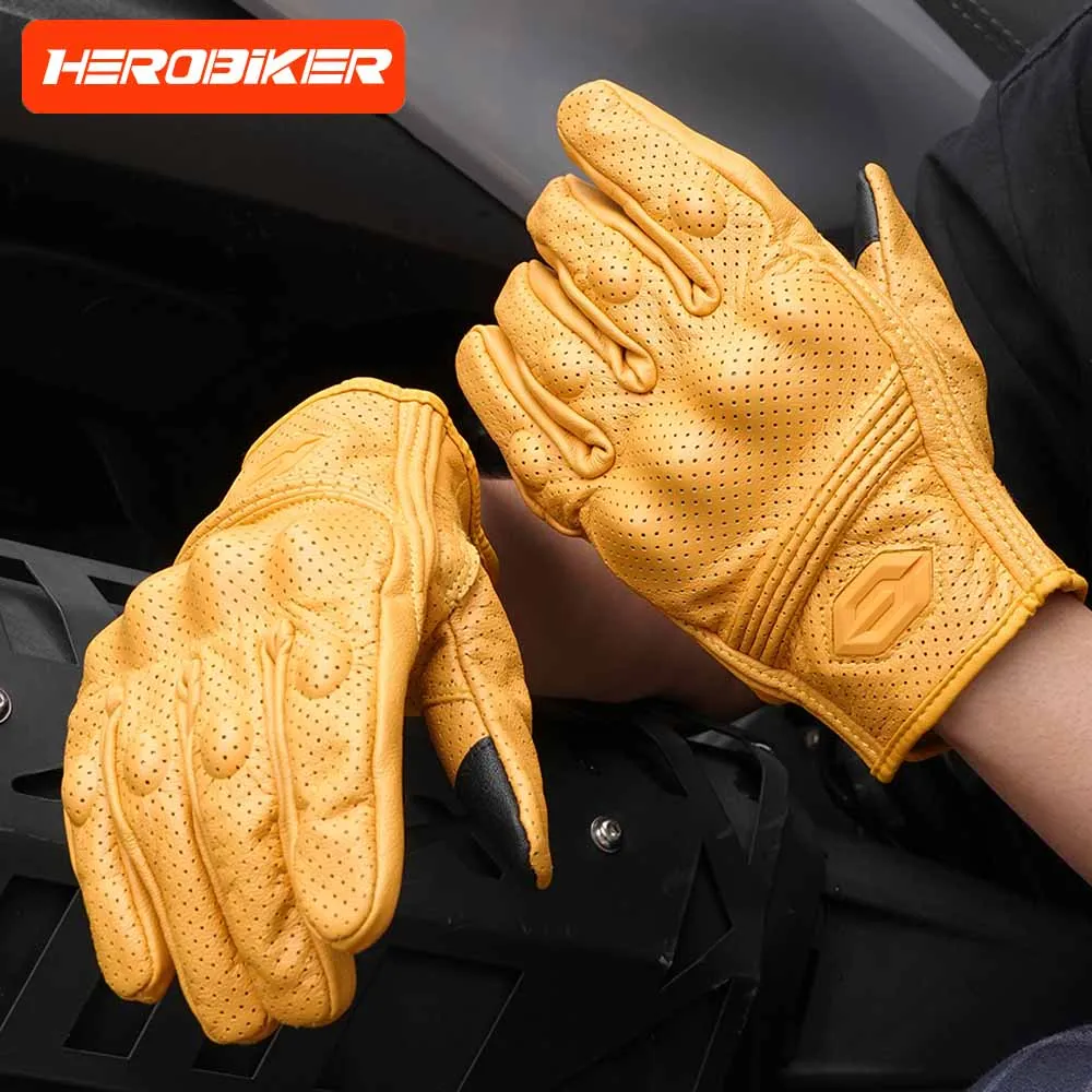 Motorcycle Riding Gloves Vintage Leather Summer Breathable Unisex Biker Anti-Slip Ventilation Design For Motorbike Comfort Ride