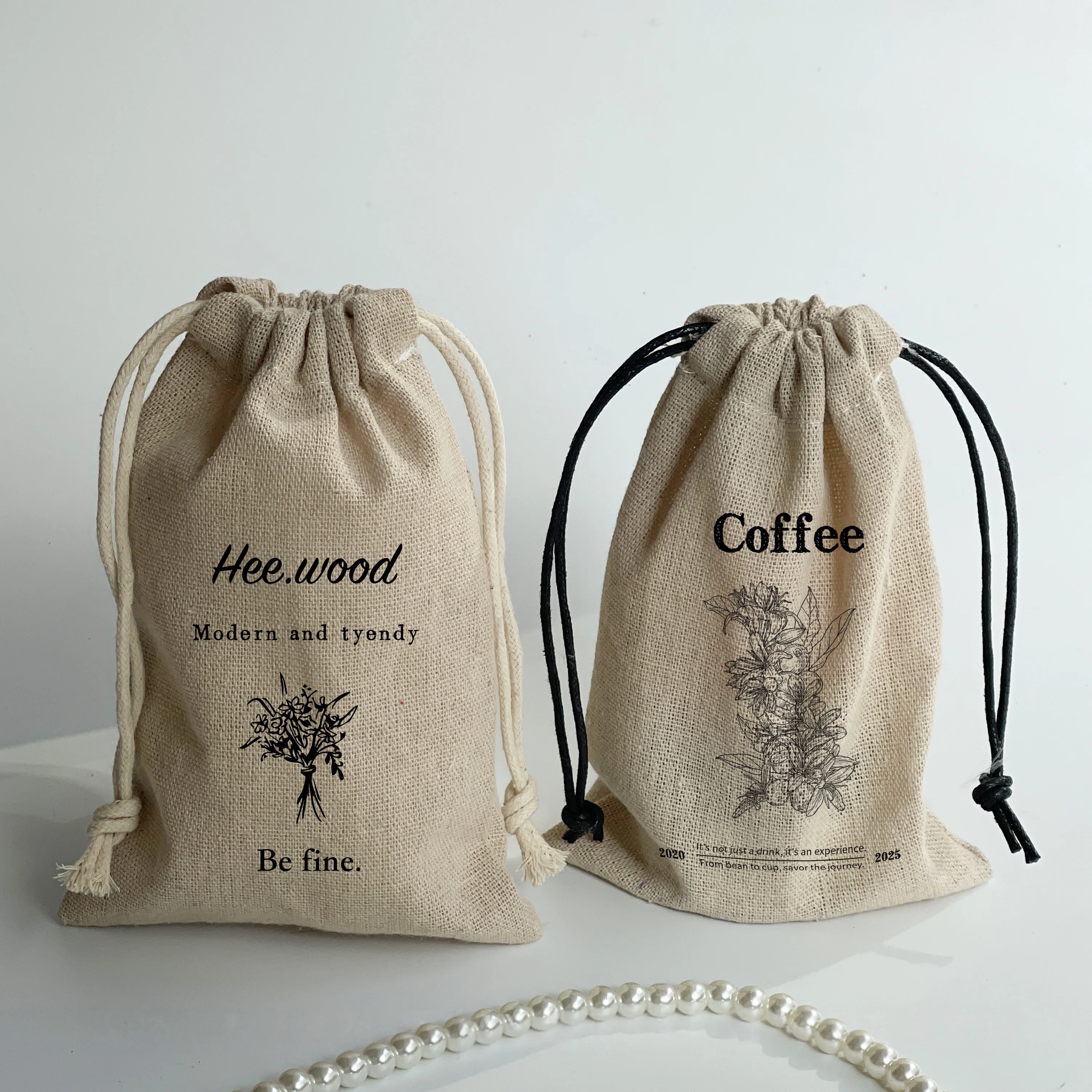 Custom Linen Drawstring Bags with Personalized Printed Cotton Pouches for Coffee Jewelry Gift OEM Wholesale Bulk with Logo