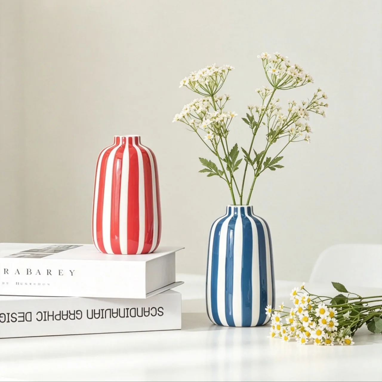 Nordic Vertical Striped Ceramic Vase Colorful Stripe Flower Container Desktop Fresh Dried Flower Home Tabletop Decor Ornament