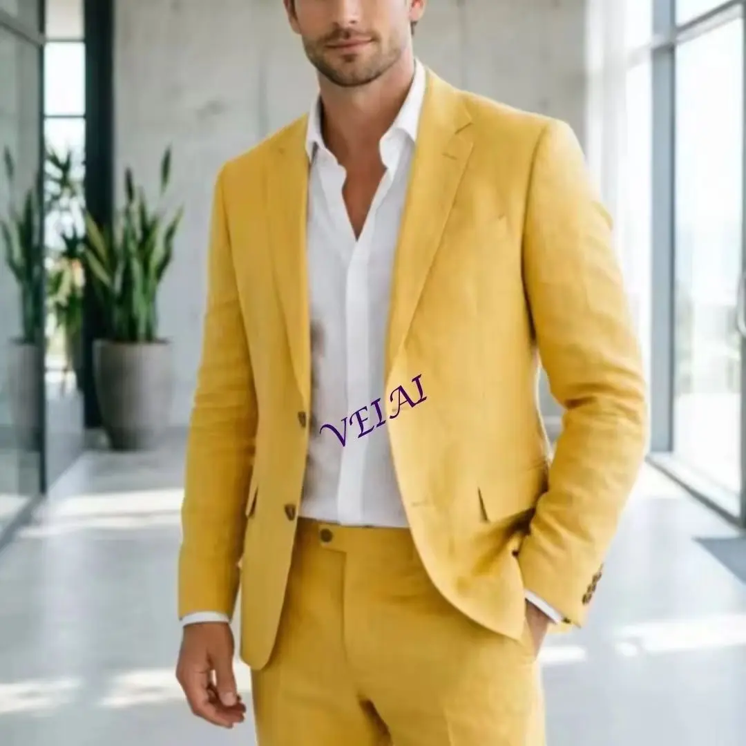 Luxury Cream Linen Men's Custom Tailored Suit Premium Fit for Formal Events Villa Parties Beach Weddings Personalized Clothing