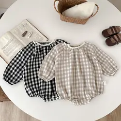 Spring Autumn Ins Newborn Infant Plaid Long Sleeve Bodysuit Loose Boy Baby Onesie Casual Kid Girls Cotton Romper Toddler Clothes