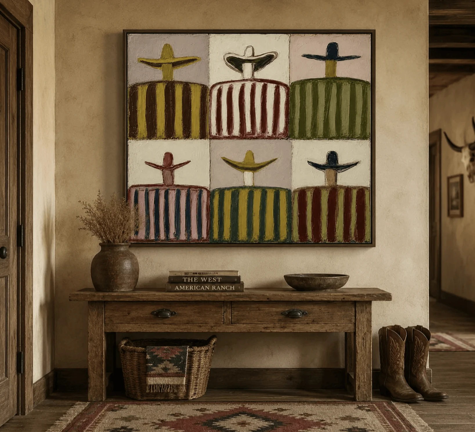 Patchwork Striped Cowboy Wall Art Canvas Prints, Vintage Western Folk Posters, Retro Earth Tone Decor for Living Room Decor