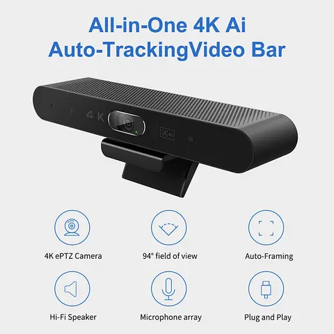 자세히 둘러보기 USB 웹캠 HD 화상 회의 카메라, 마이크 및 스피커 포함, AI 얼굴 추적, 자동 초점, 360 ° 음성 픽업 플러그, 4K 카메라