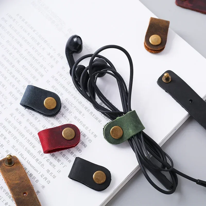 Genuine Leather Cable Organizer Vintage Earphone Wire Data Line Clips Cable Winder Tie Cable Management Cord Organizer Office