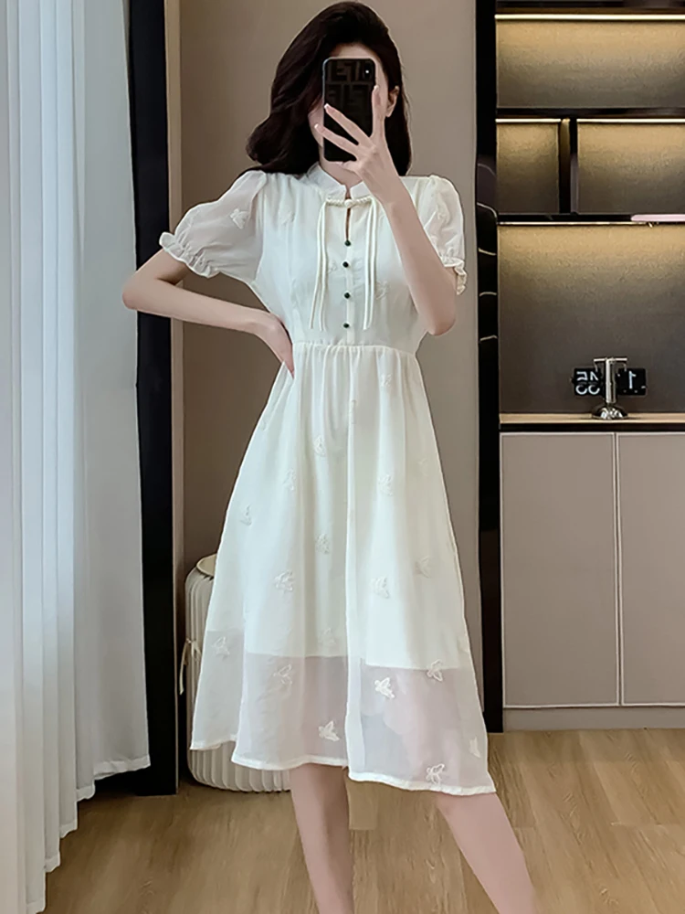 

2025 белое сетчатое жаккардовое платье миди с пышными рукавами, летнее элегантное повседневное праздничное платье, женские корейские облегающие роскошные платья на день рождения