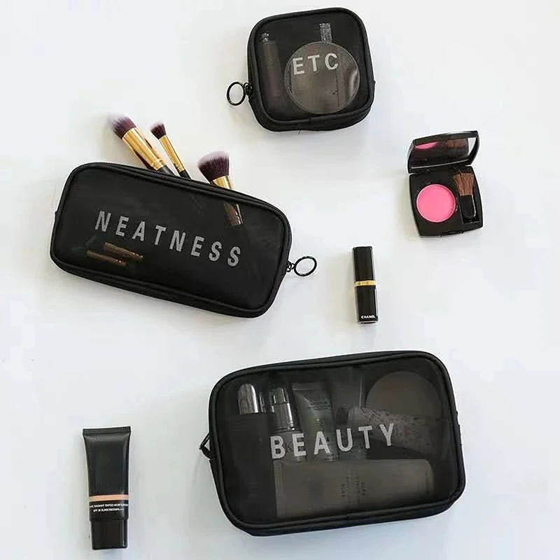 3Pcs Set Women Mesh Cosmetic Pouch Travel Storage Makeup Bag Organizer Female Wash Pouch Portable Toiletry Beauty Case