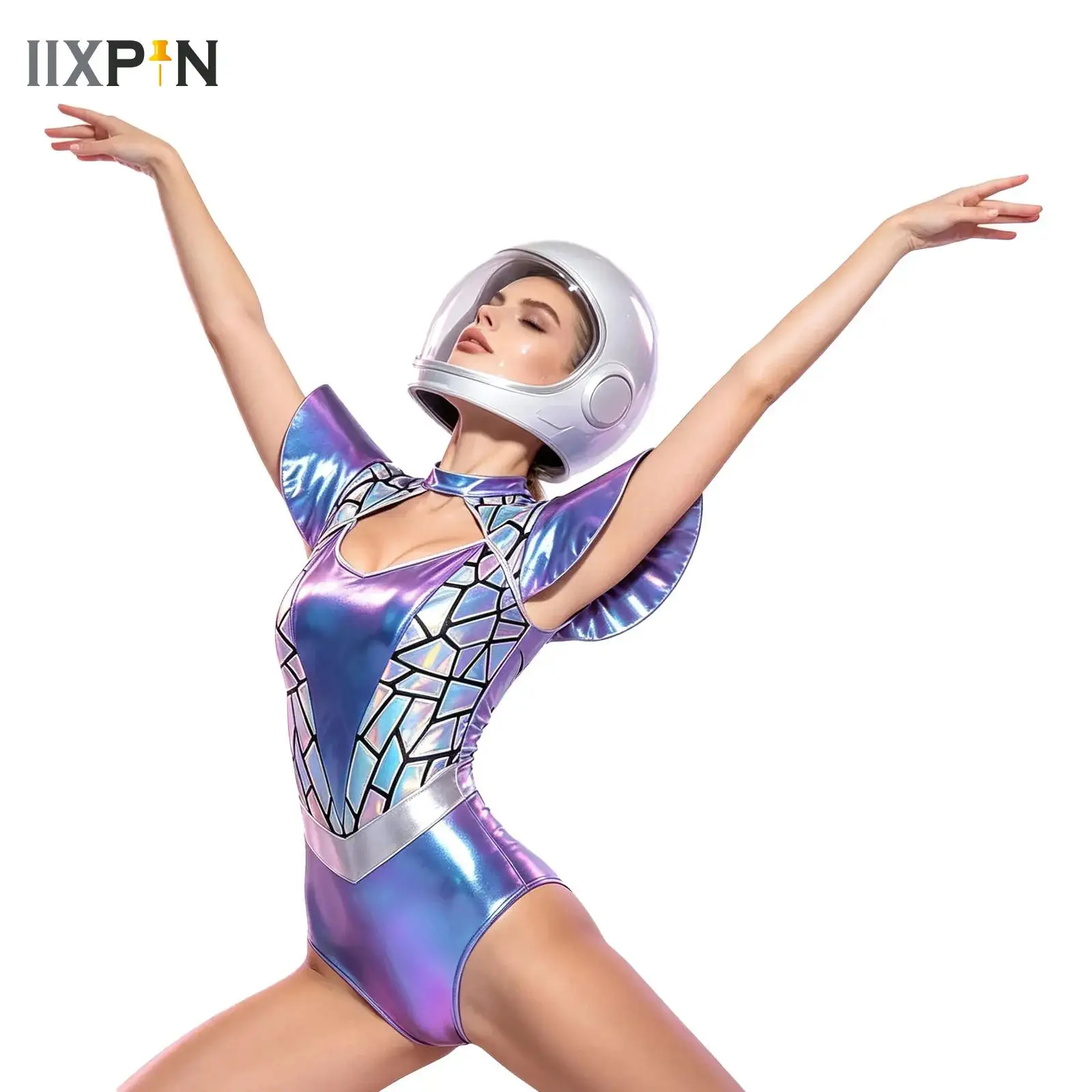 Women's Alien Robot Astronaut Cosplay Bodysuit Fly Sleeve Metallic Gradient Leotard Halloween Outer Space Theme Party Dress Up