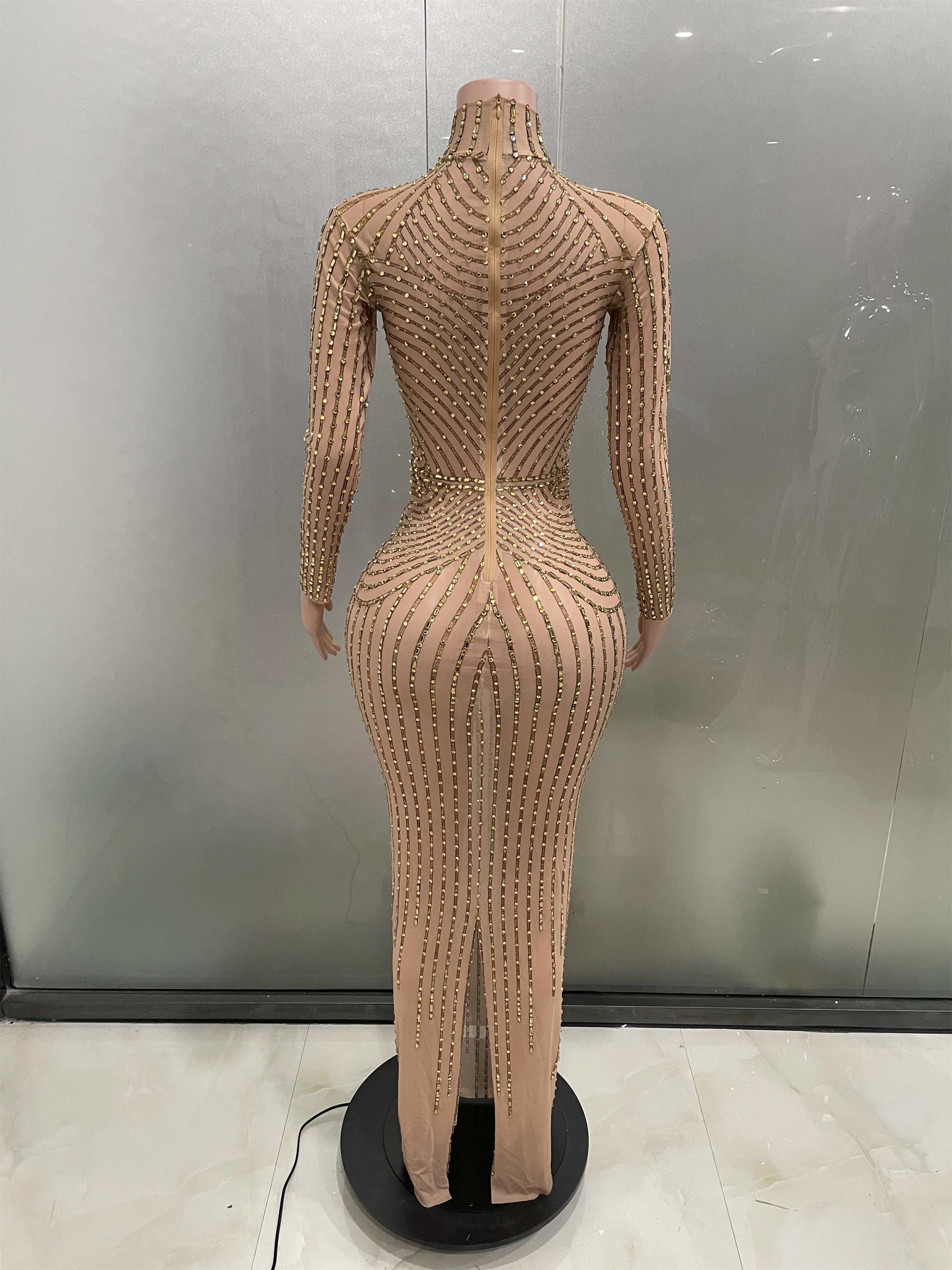 Sexy Sparkly Rhinestones Golden Long Dress Women Elegant Long Sleeve Mesh Bodycon Dress Celebrate Birthday Party Stage Wear