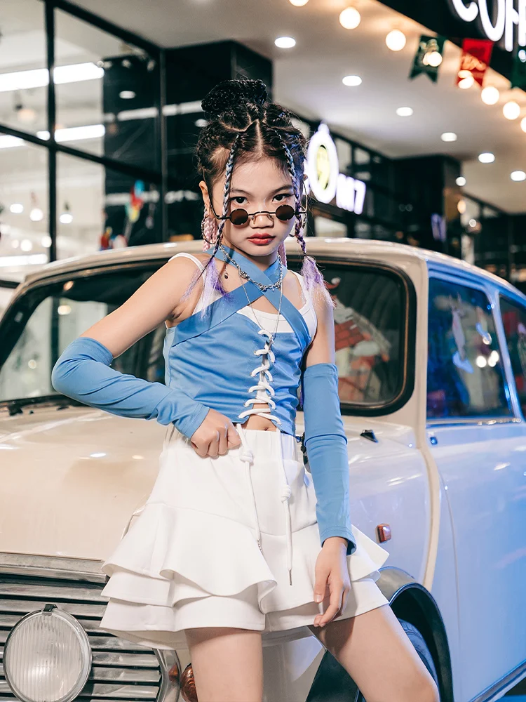ZZL Fashion Girl\'s K-pop Stage Outfits Blue White Y2K Clothes Off-the-shoulder Dress Urban Dance Runway Performance Show Cool