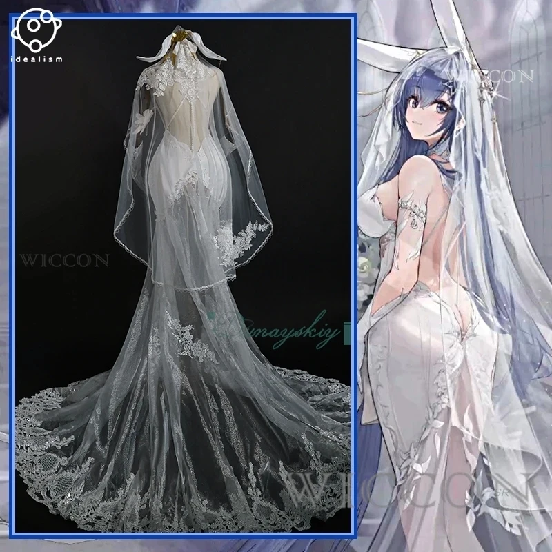 

❣2026USS New Jersey Cosplay Costume Bride Wedding Dress Veil GAME Azur Lane Blue Wig Full Set Lace Clothing Accessories For H❣#@