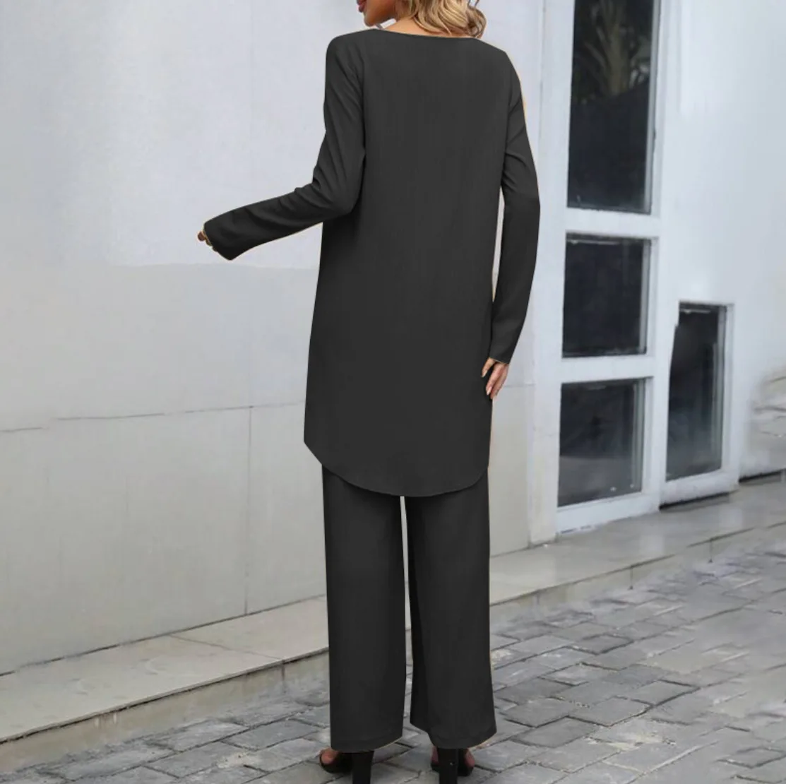 Spring Summer 2Pcs Solid Color Women Outfit Elastic Waist Trousets Two-piece Set Womens Chic Irregular Hem Blouse For OL Commute