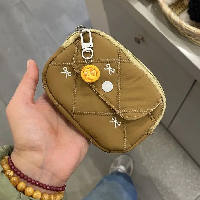 Autumn Winter Beige Coffee Color ID Card Purse for Student Girls Kawaii Retro Print Bow Coin Purse Portable Outdoor Wallets