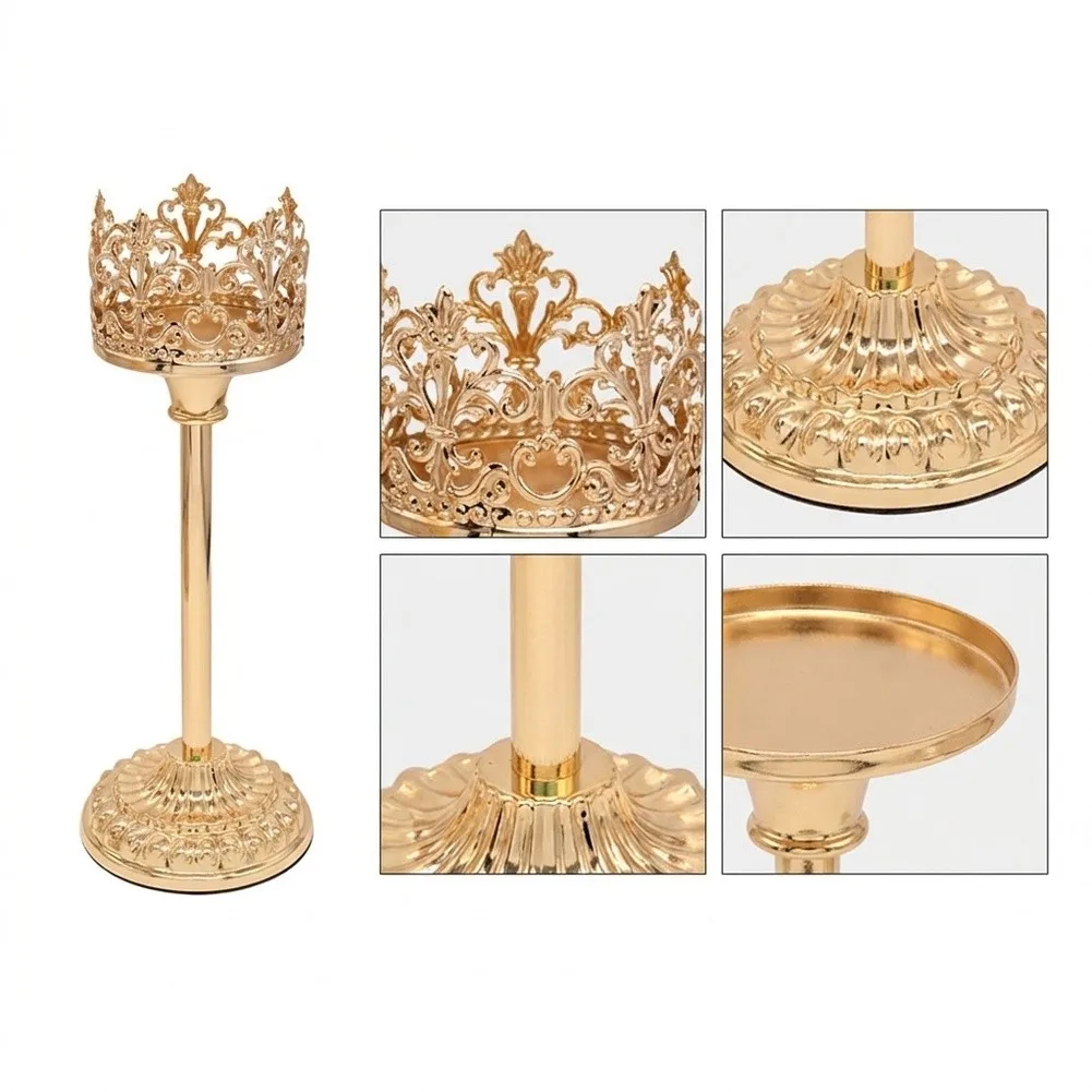 Three Tiered Height Crown Candle Holders in Golden Electroplated Iron for Layered Lighting Effect in Living Spaces