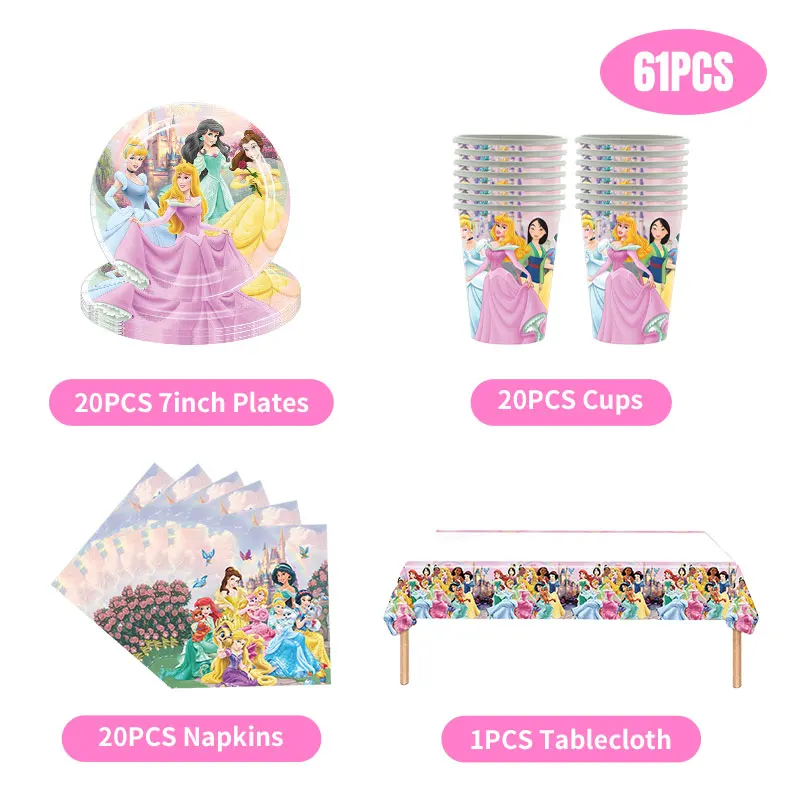 Disney Princess Birthday Decoration Party Supplies Tableware Set New White Snow Paper Cups Plates Tablecloth Balloons Baby Gifts