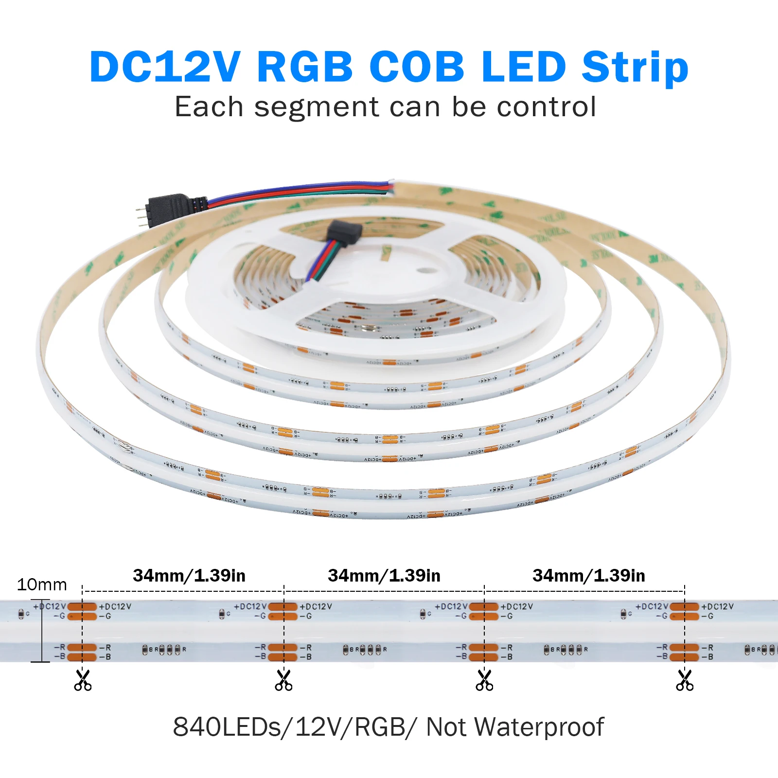 RGB COB LED Strip 12V 24V 840LEDs/m Flexible Ribbon Tape Dream Color 10mm Width FOB COB Lights RA90 High Density Linear Lighting