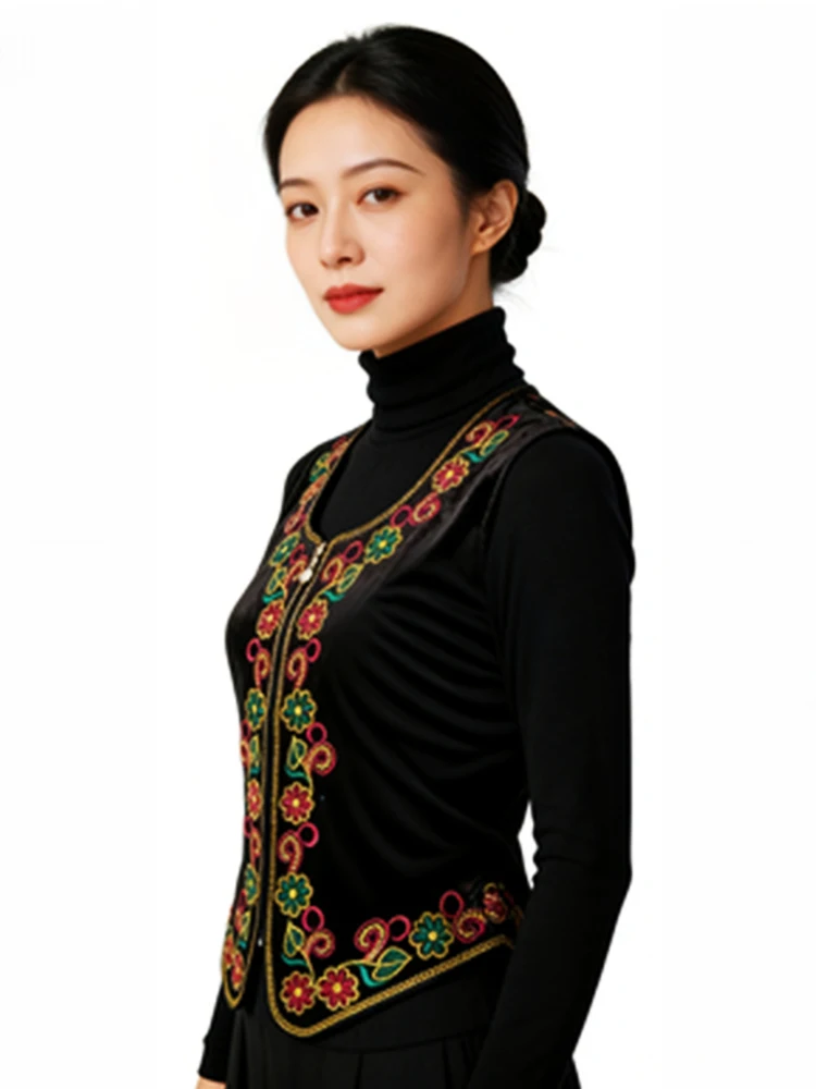 

Новая женская вышитая корректирующая жилетка в уйгурском этническом стиле для танцевальных выступлений, сценический костюм, шелковый материал, весенняя коллекция