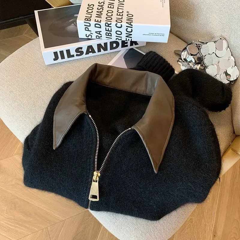 Volle Ärmel solide Frauen drehen Kragen lose lässige Strick mäntel Reiß verschluss Herbst Winter 2024 regelmäßige Spleiß pullover Strickjacke