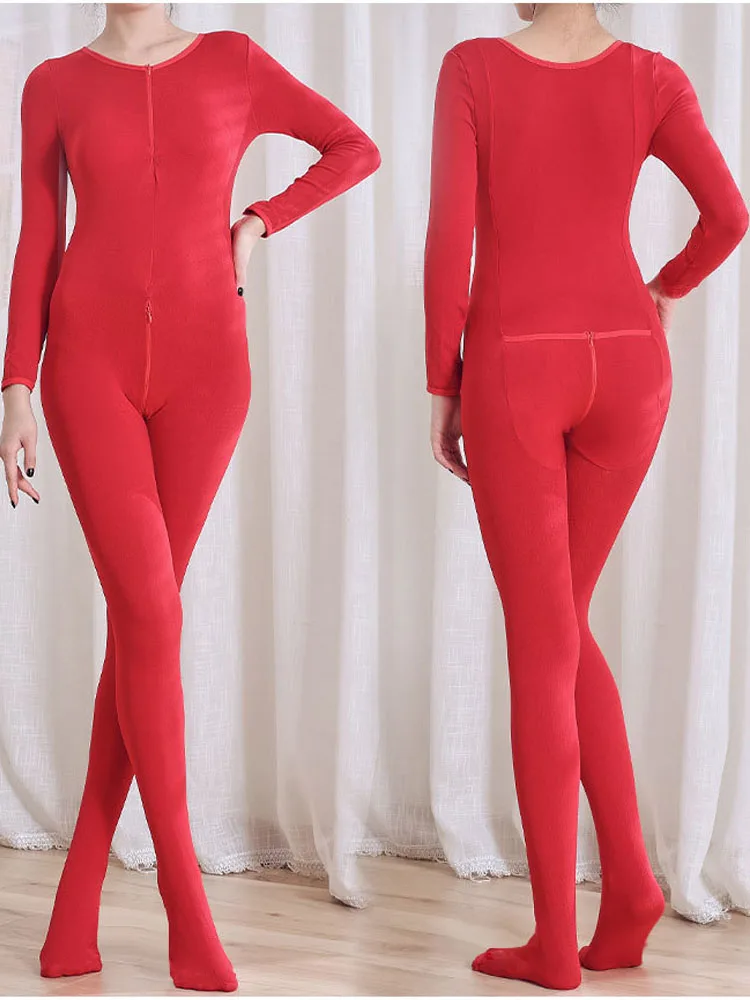 Unisex 2 Reiß verschluss Bodysuit mit offenem Schritt ohne dünnen dicken Fleece Thermo Body stocking engen sexy Trikot verbunden Pyjama Catsuit