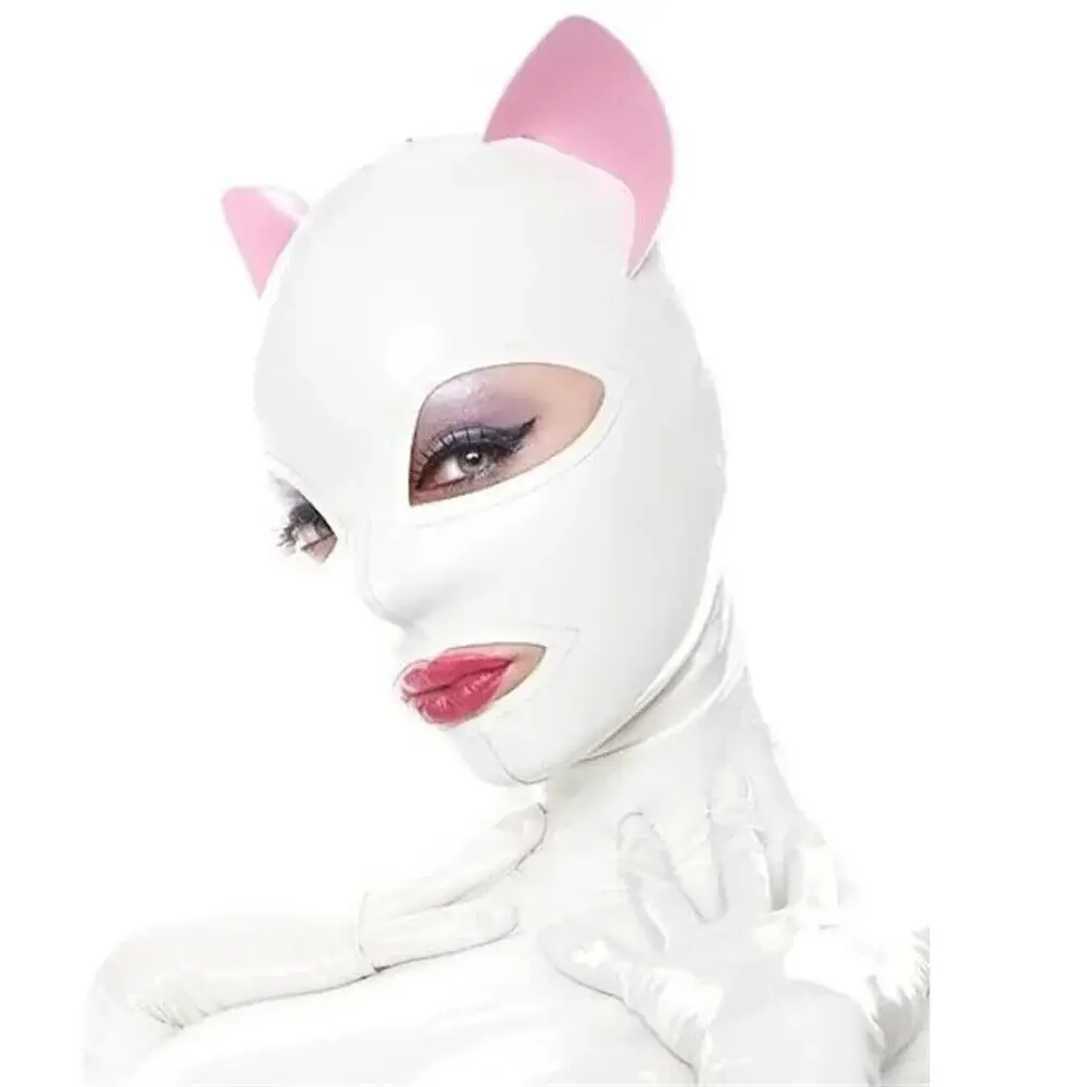 

White latex rubber rice hat mask with cat ears fetish club party role-playing