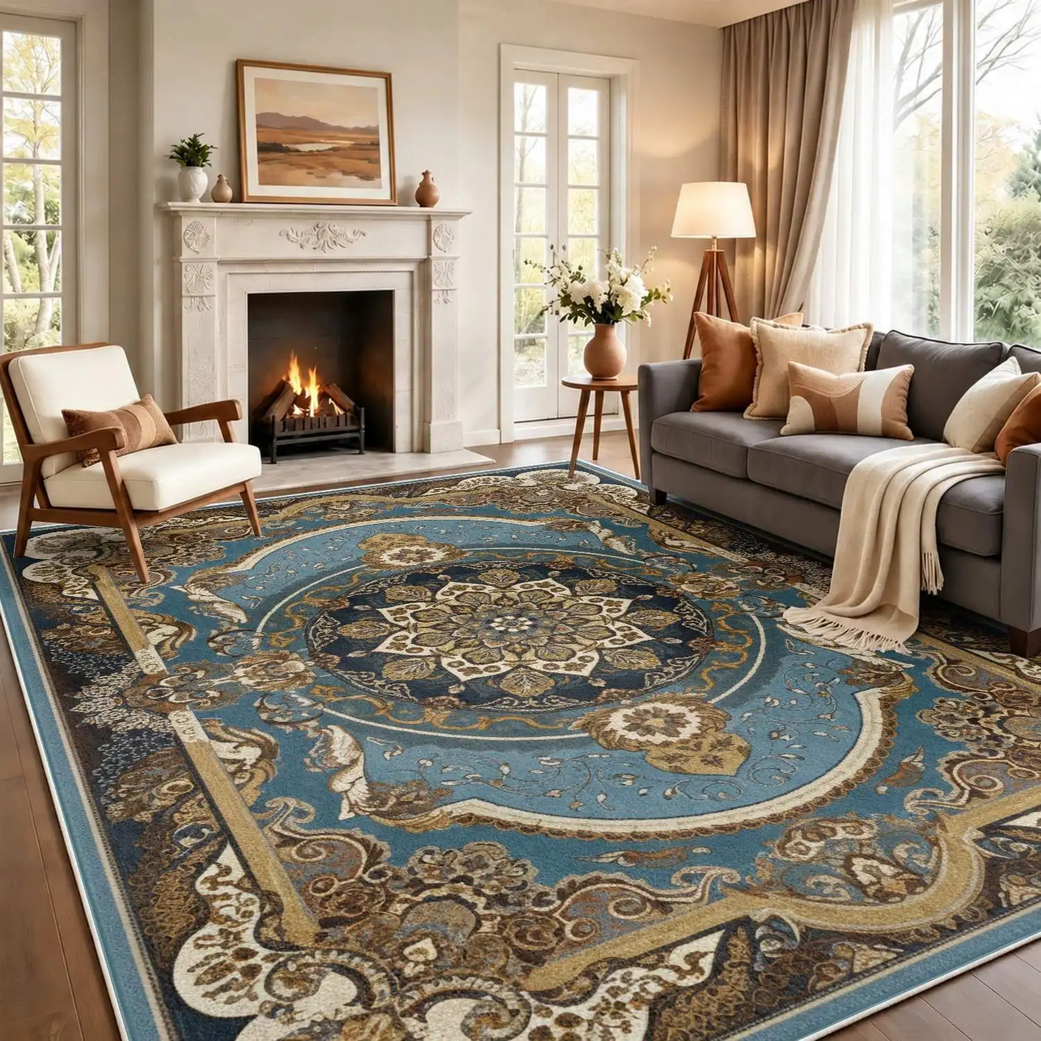 1Pc 2D Printed Velvet Carpet, Retro Blue Gold Floral Geometric Design, Machine Washable, Multi-Size for Home Decor, Multiple Uses