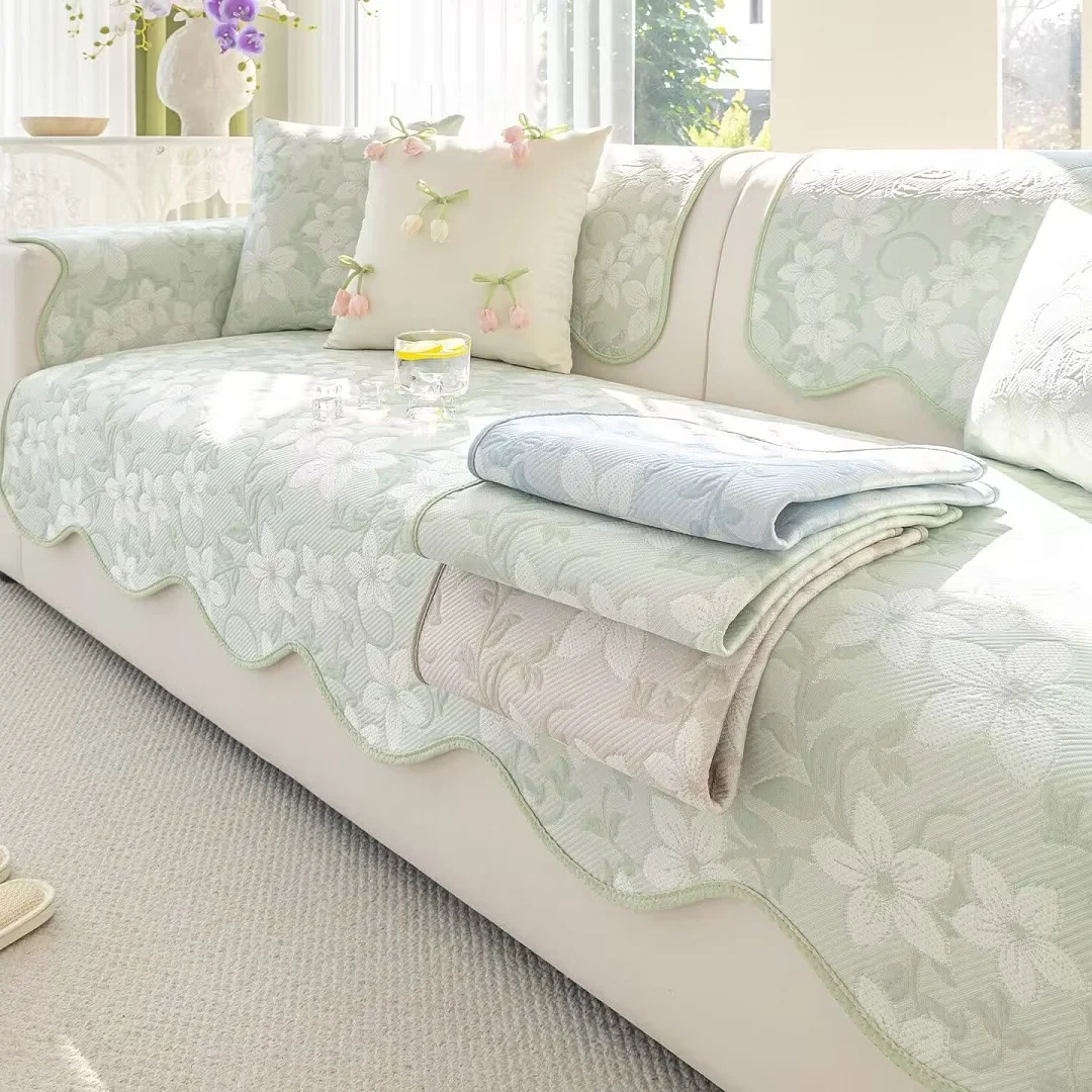 Summer Cooling Bean Sofa Cushion Non-Slip Ice Jacquard Floral Sofa Mats for Sectional Sofa Irregular Edging Seat Cover Pad