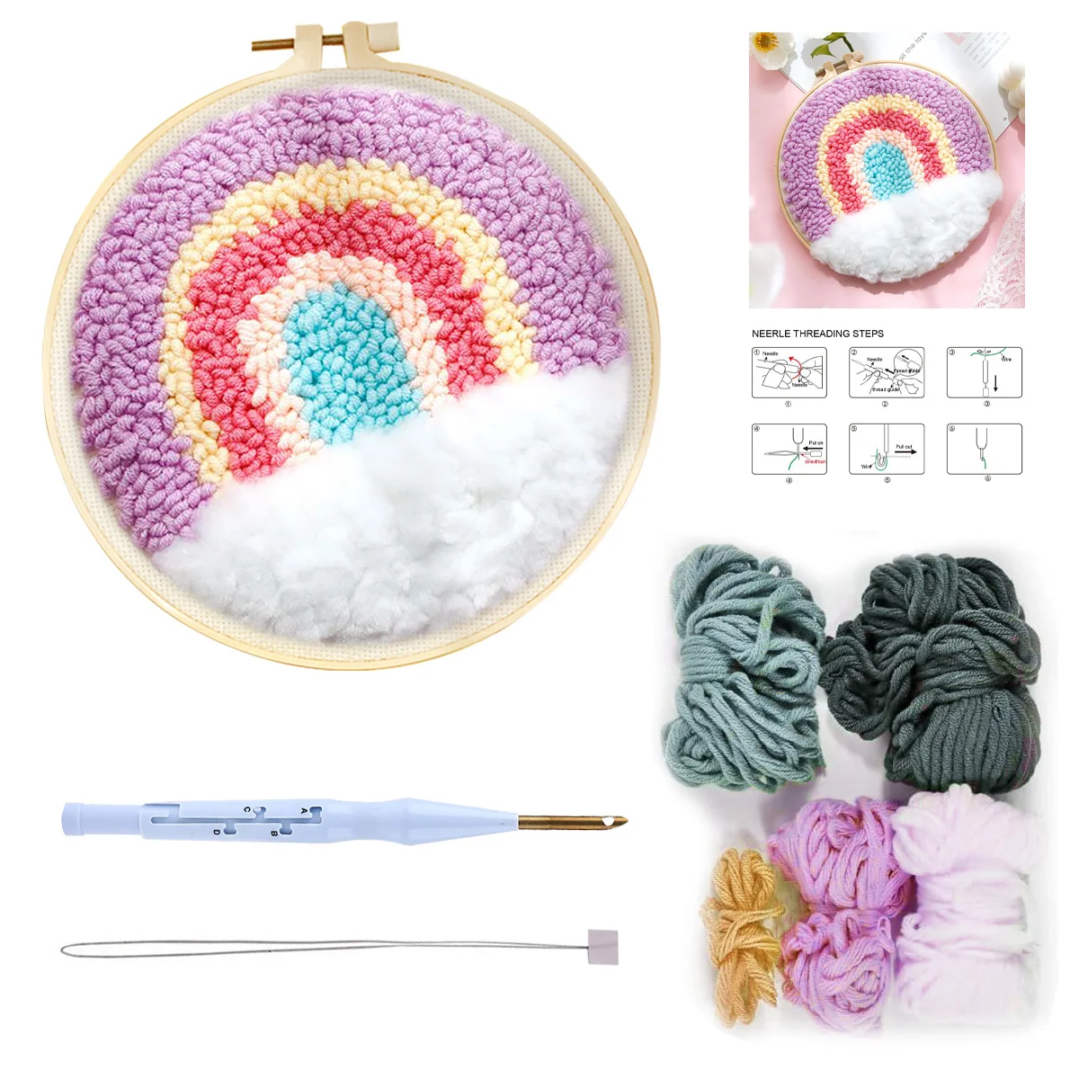 

RUOPOTY Diy Punch Needle Embroidery Starter Kits For Beginner Kids Rainbow Handicrafts Poking Embroidery Yarn Art For Home Decor