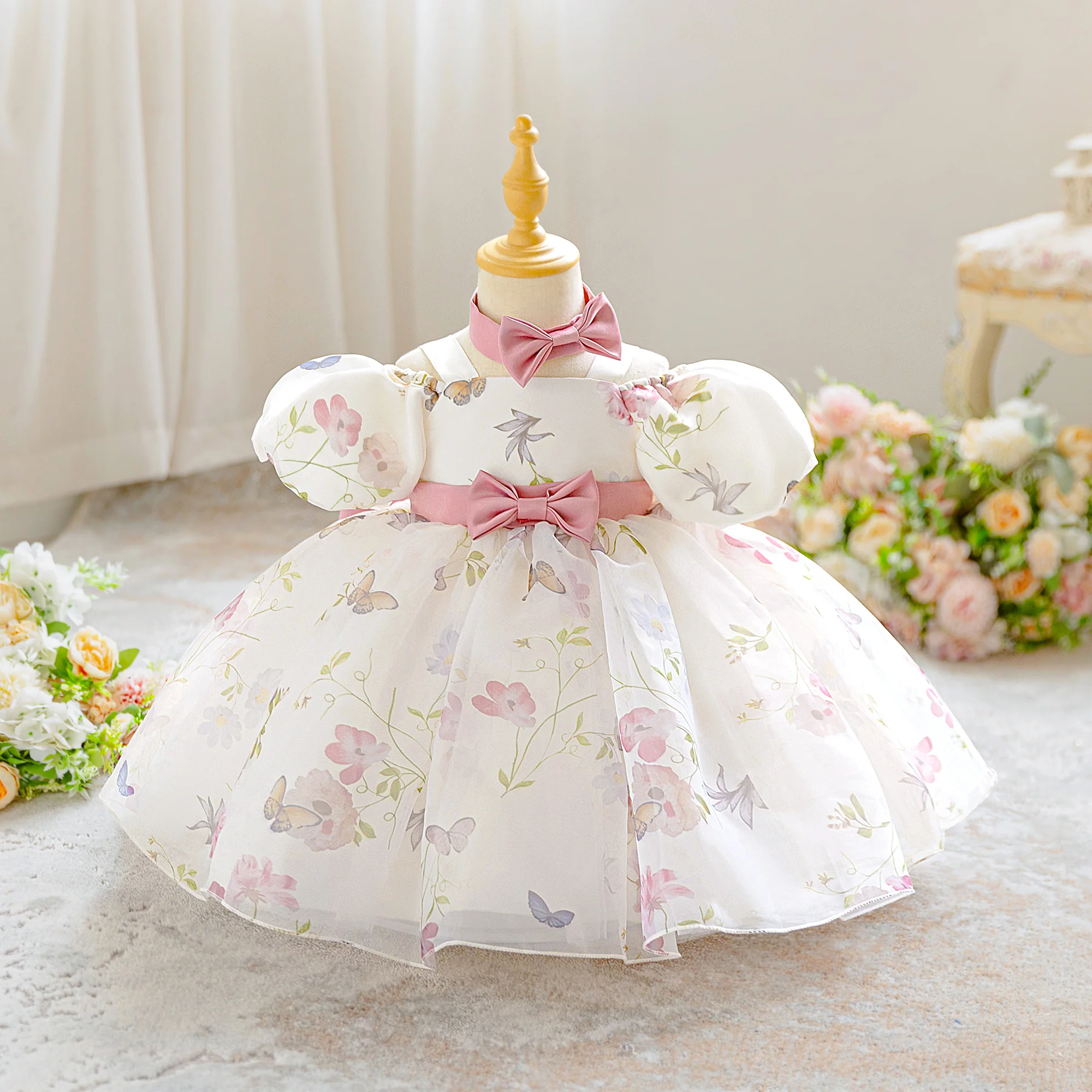 

2pcs Toddler Pink Flower Baptism Party Baby Girls Dress Elegant 1 Yrs Birthday Wedding Princess Prom Dress Girl Bridesmaids Gown