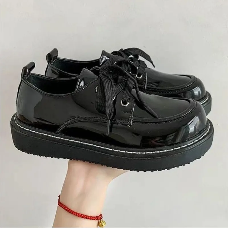 

British-style Thick-soled Retro Japanese-style Flat-bottomed Round-toed Jk Uniform with Lace-up Small Leather Shoes for Women
