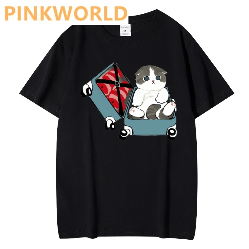 Kawaii A cat packed in a suitcase print ladies T-shirt casual basis O-collar Black white Women shirt short sleeve ladies Tshirt