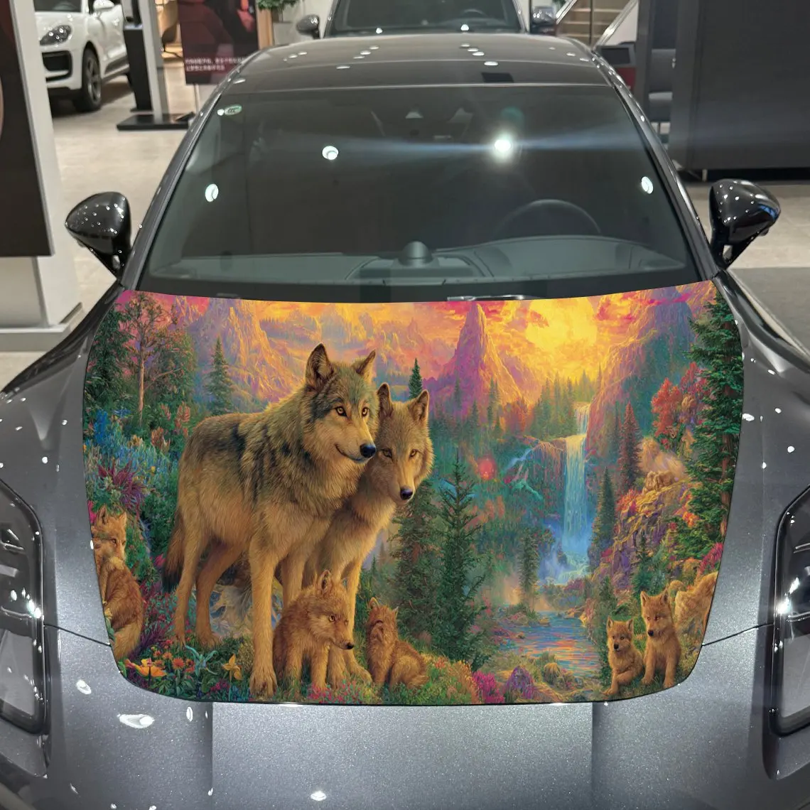 Wolf Mountain Falls Visual Wonder Journey PVC Car Hood Wraps, Self-Adhesive Waterproof Car Bonnet Decal Sticker, Car Decoration
