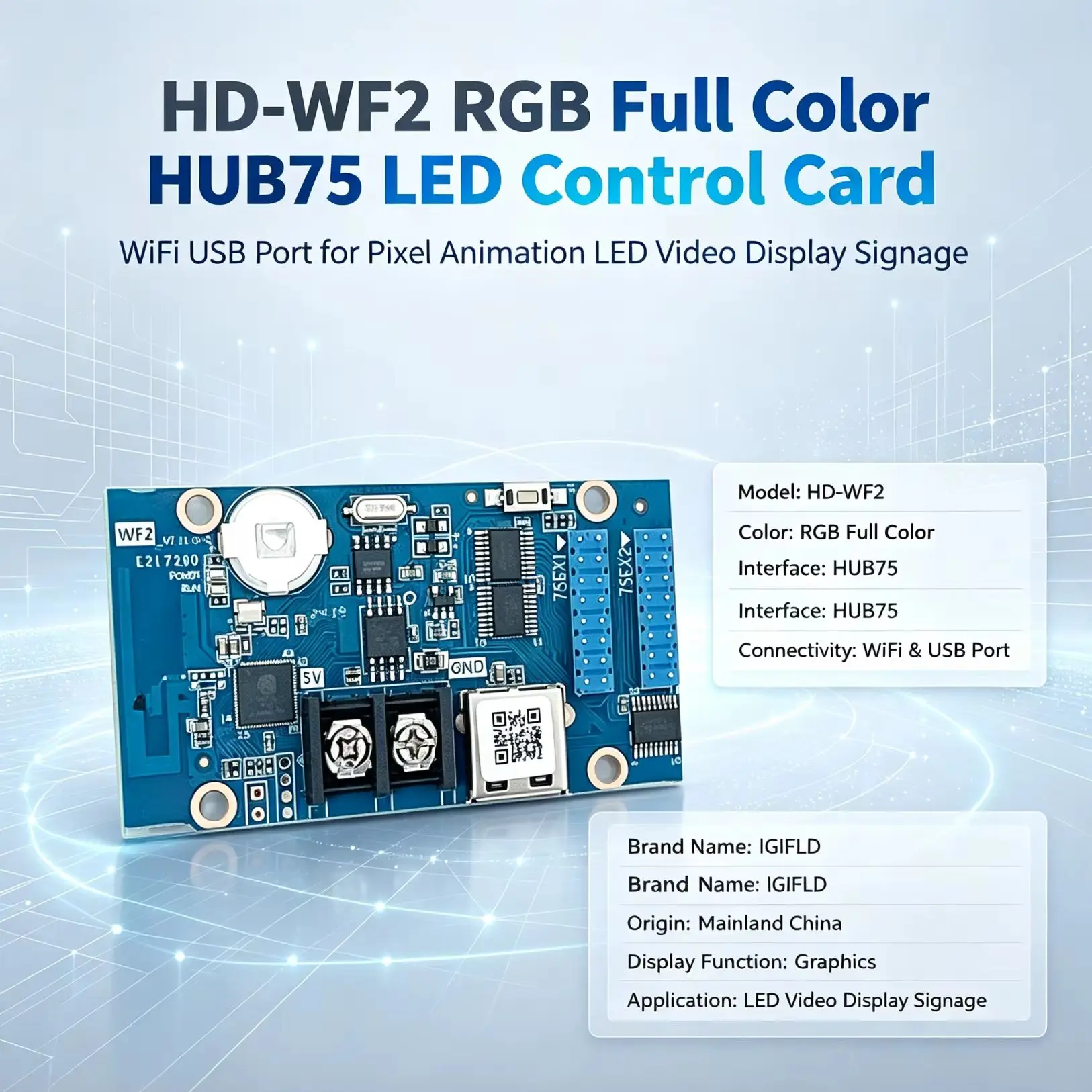 WiFi & USB Control Huidu HD-WF1 HD-WF2 HD-WF4 Full Color RGB HUB75 LED Display Controller Card Pixel Animation Program