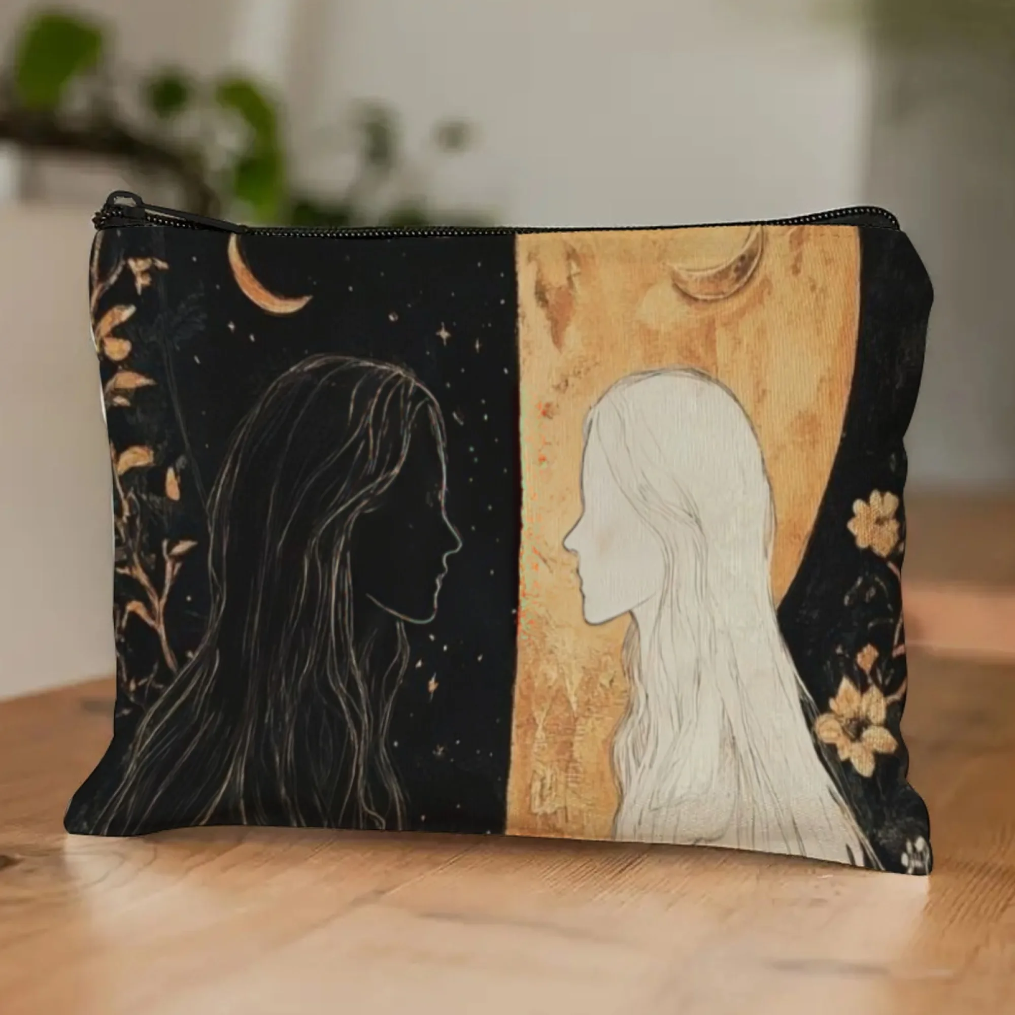Mysterious CosmeticOrganizer Bag Black and Gold Female Profile Design with Celestial and Floral Accents for Art Inspire Storage