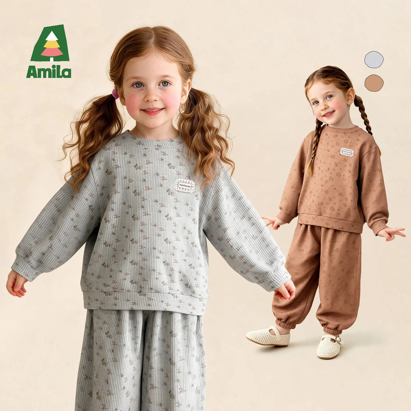 Amila 2026 Spring Children's Floral Casual Set Long Sleeve T-Shirt Leggings Two Piece Set Daily Leisure Home Outerwear
