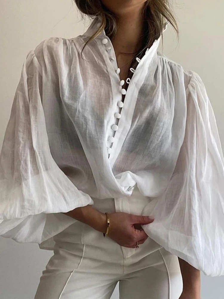 

Aynaray 2026 Весна-Лето Женская Сексуальная Сетчатая Рубашка Оверсайз с Длинными Рукавами-Фонариками, Однотонная Белая Прозрачная Блузка для Женщин