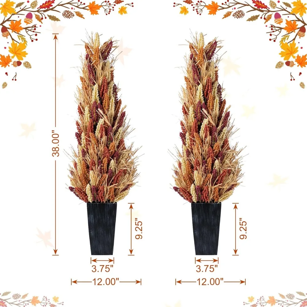 인공 수수 나무, 38인치 높이 가을 수확 장식, 검은색 화분, 실내 및 실외 계절 장식에 적합