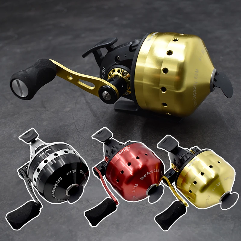 Slingshot Fishing Reel 4+1BB 3.6:1 Gear Ratio Slingshot Closed Metal Wheel Outdoor Bow Hunting Fishing Set with PE Line 55M