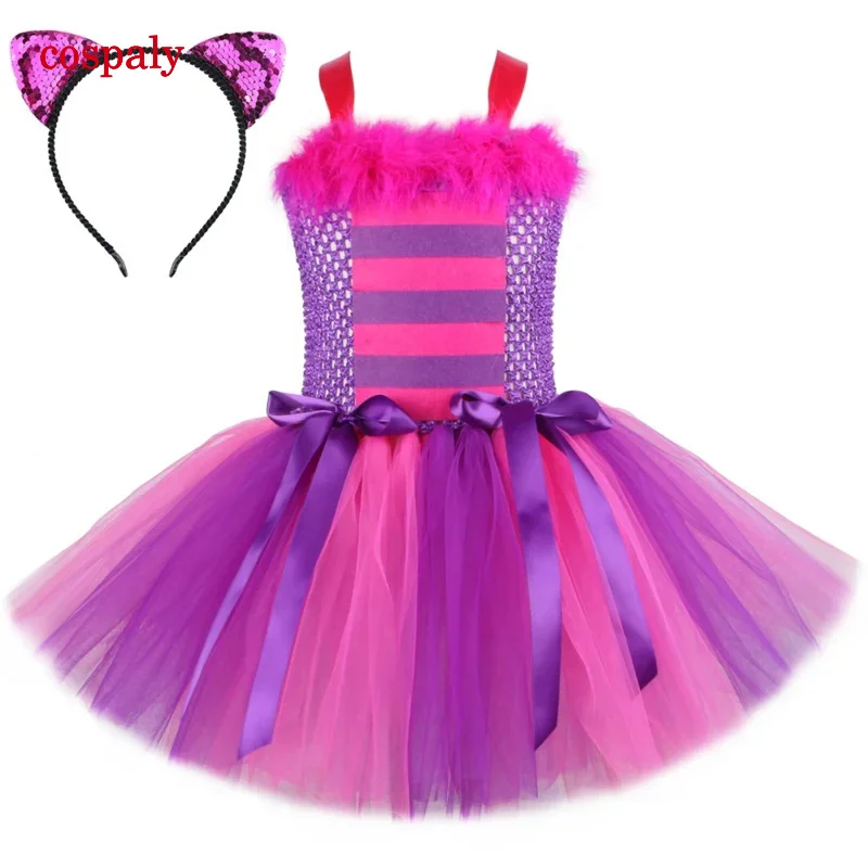 A Cheshire Cat Tutu Dress Girls Halloween Carnival Party Clothes Wonderland Alice Cat Costume Kids Fancy Fairy Tale Princess Dre