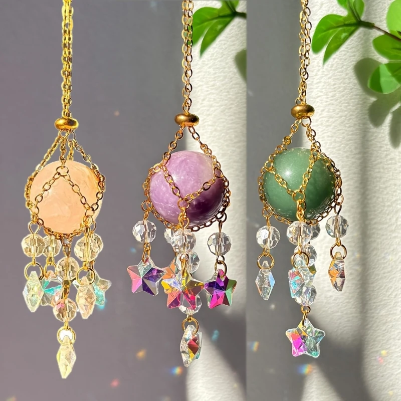 Crystal Suncatchers Rainbows Maker Window Hanging Decors Prisms Pendants with Natural Stone Center and Faceted Glass 37JD