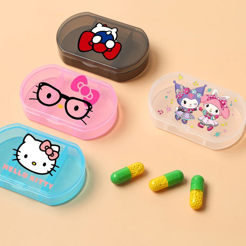 Kawaii Hello Kitty Kuromi Melody Cinnamoroll Portable Mini Pill Box Outdoor Travel Medicines Storage Case Organizer Transparent