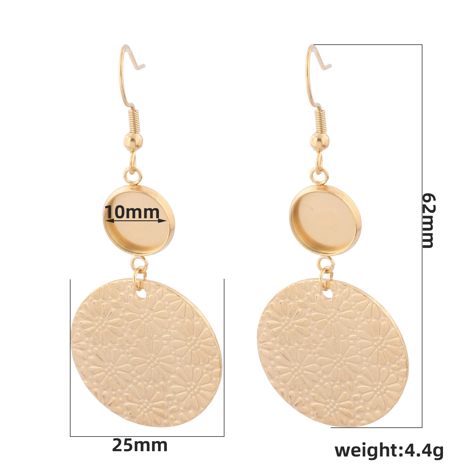 6pcs Stainless Steel Gold Plated 10mm Cabochon Earring Base Setting Blanks With 25mm Printed Flower Charm Diy Hooks Findings