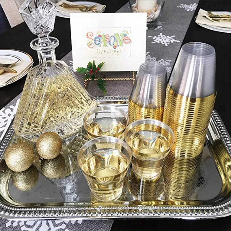 3X Golden Plastic Cups 9 Oz Disposable Cup Plastic Wine Glass Party Cups Transparent Plastic Cup For Parties