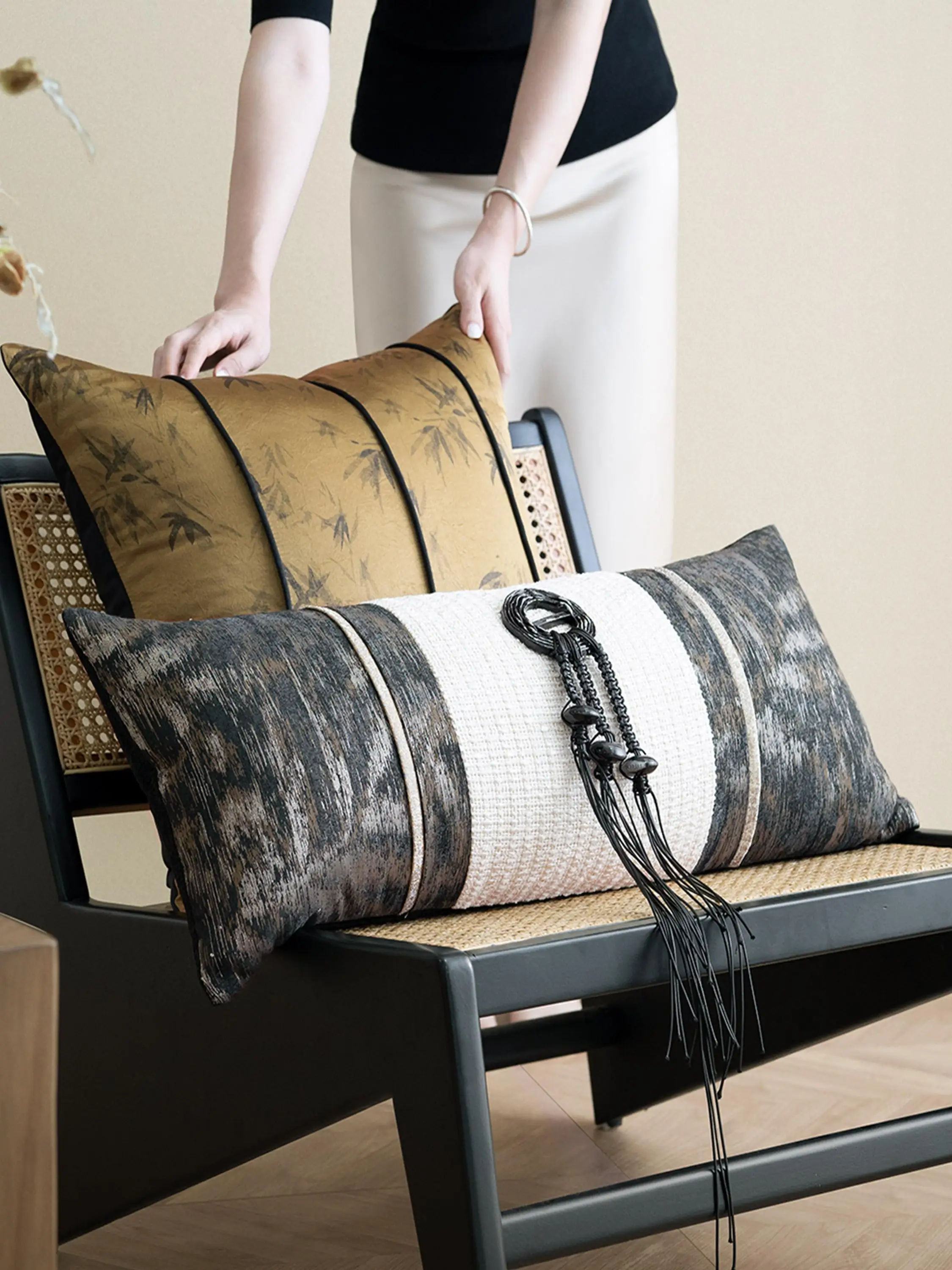 

Modern New Chinese Sle Watercolor Bamboo adow Sofa Pillow Sample Room High-End Cuion Versatile Square And Rectangular C...