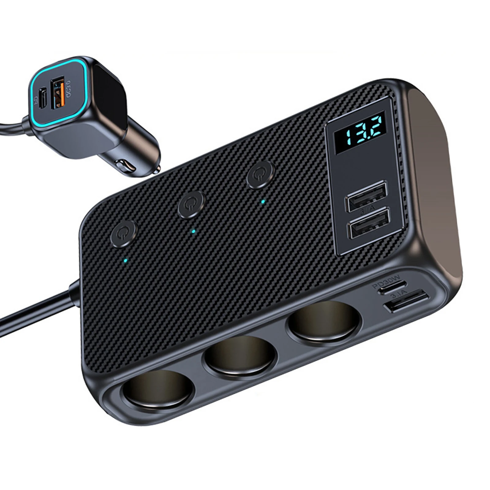 

Автомобильное зарядное устройство 171W с 6 USB-портами и 3 розетками, быстрая зарядка QC3.0 PD30W Type-C для iPhone, Samsung, видеорегистраторов, GPS и автоаксессуаров