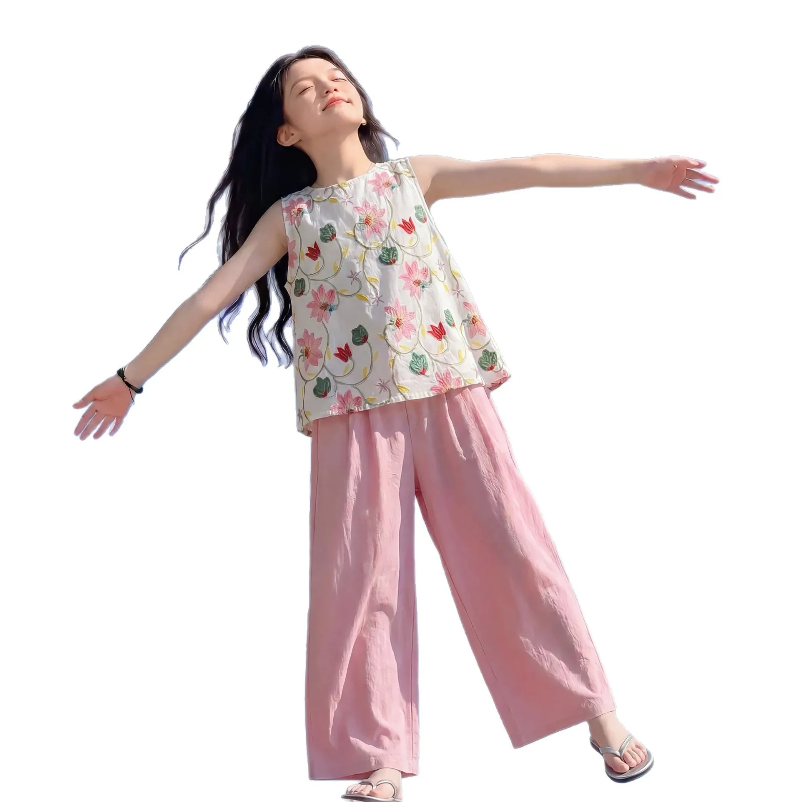 2026 summer Kid Children set Girls sleeveless floral Cloth T-Shirt chiffon + loose casual Pants outfit 4 8 10 12 15 year