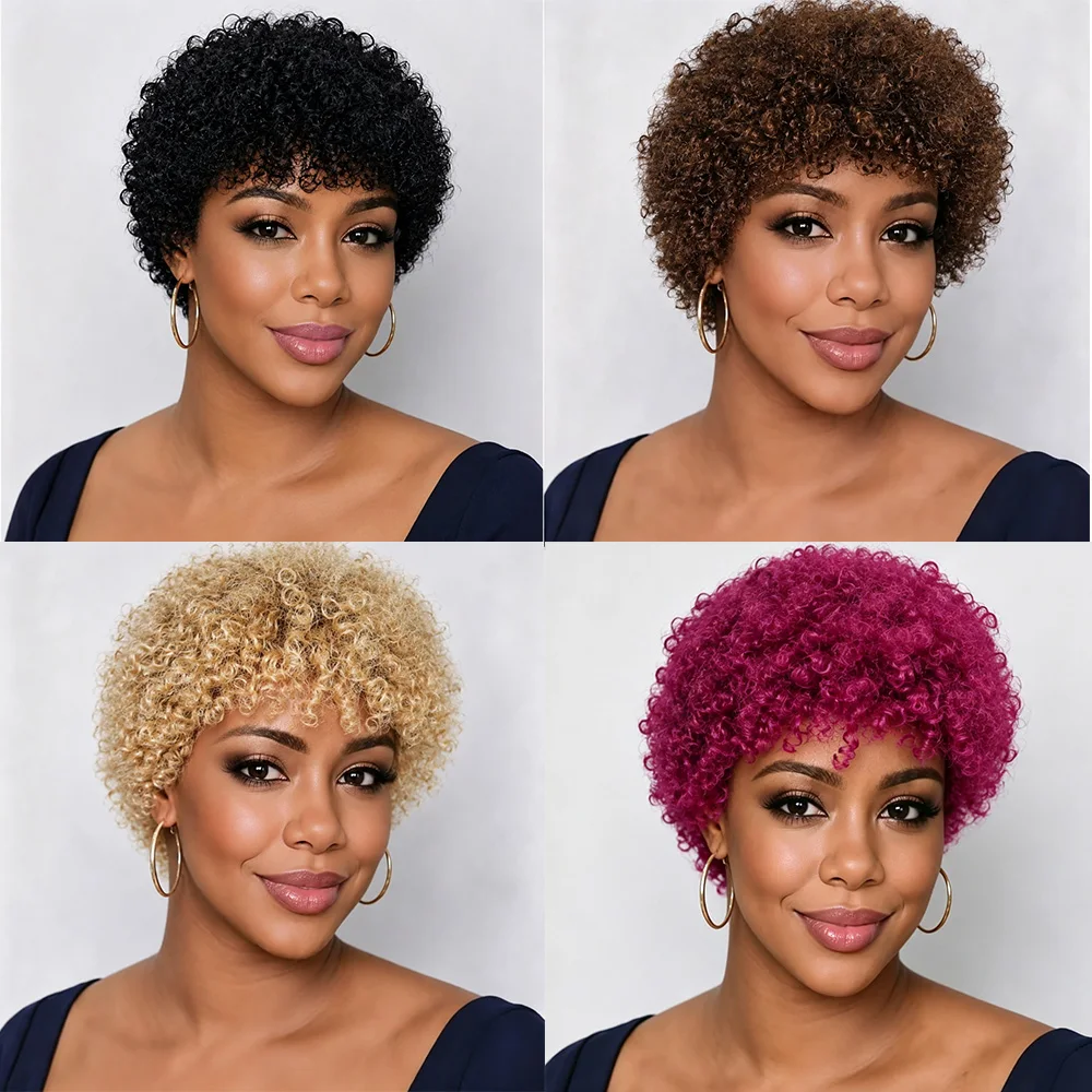 Short Pixie Cut Wigs For Black Women Brazilian  Human Hair Afro Kinky Curly Wig African Curly Full Machine Made Wig