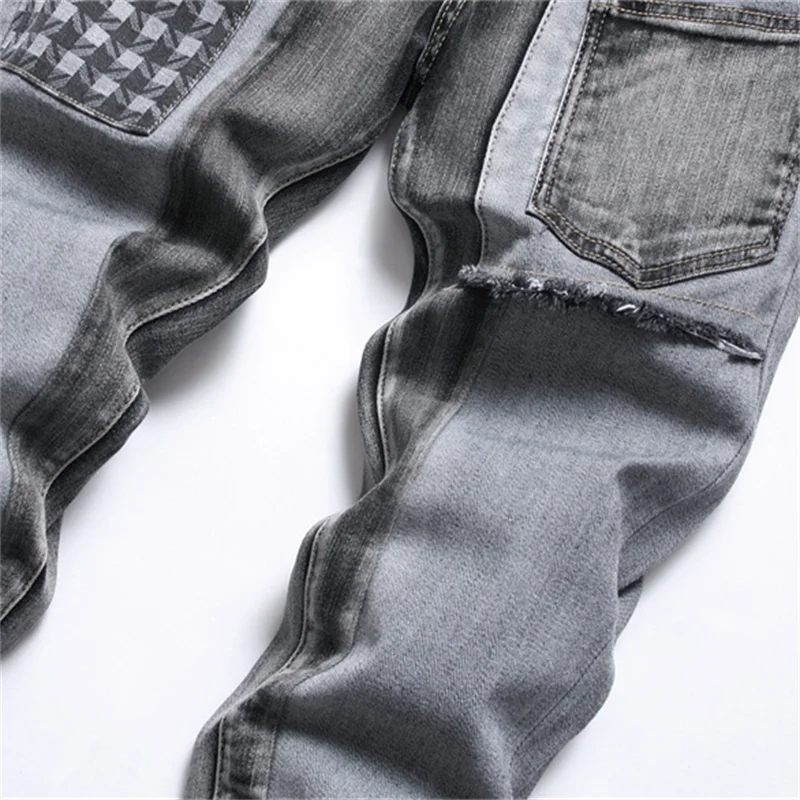 Summer Double Belt Buckle Design Jeans Men's Plaid Panel Slim Cotton Stretch Grey Worn Gradient Multi Back Pocket Front Season23