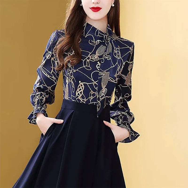 Elegant Printed Lace Up Bow Fake Two Pieces Mini Dress Women\'s Clothing 2023 Autumn Winter Loose Butterfly Sleeve Ladies Dresses