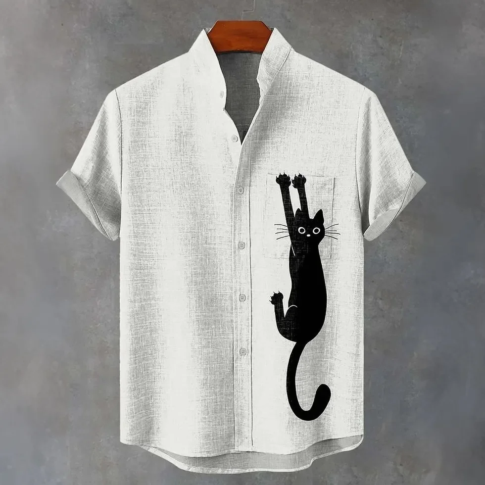 Men's Loose-Fit Short-Sleeve Stand-Collar Casual Button-Down Shirt-Ink-Wash 