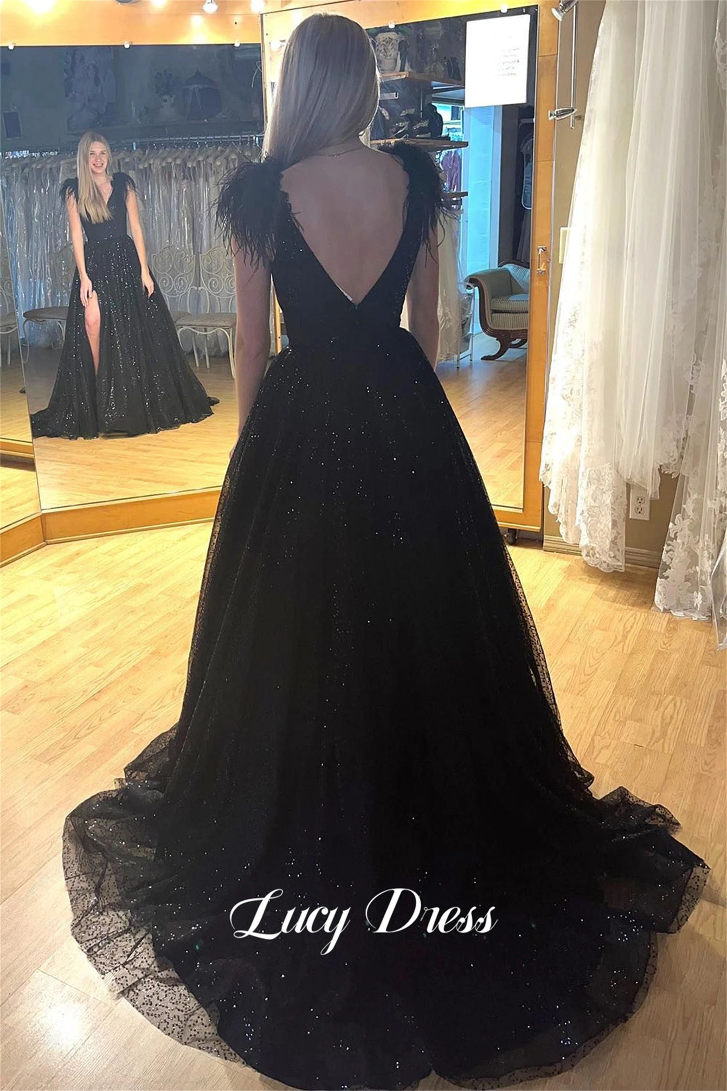 Lucy Slit Shiny Fabric V-neck Evening Dress Feather Decoration Ball Gown Line A Happy Sharon Robe Soiree De Luxe 2024 Prom