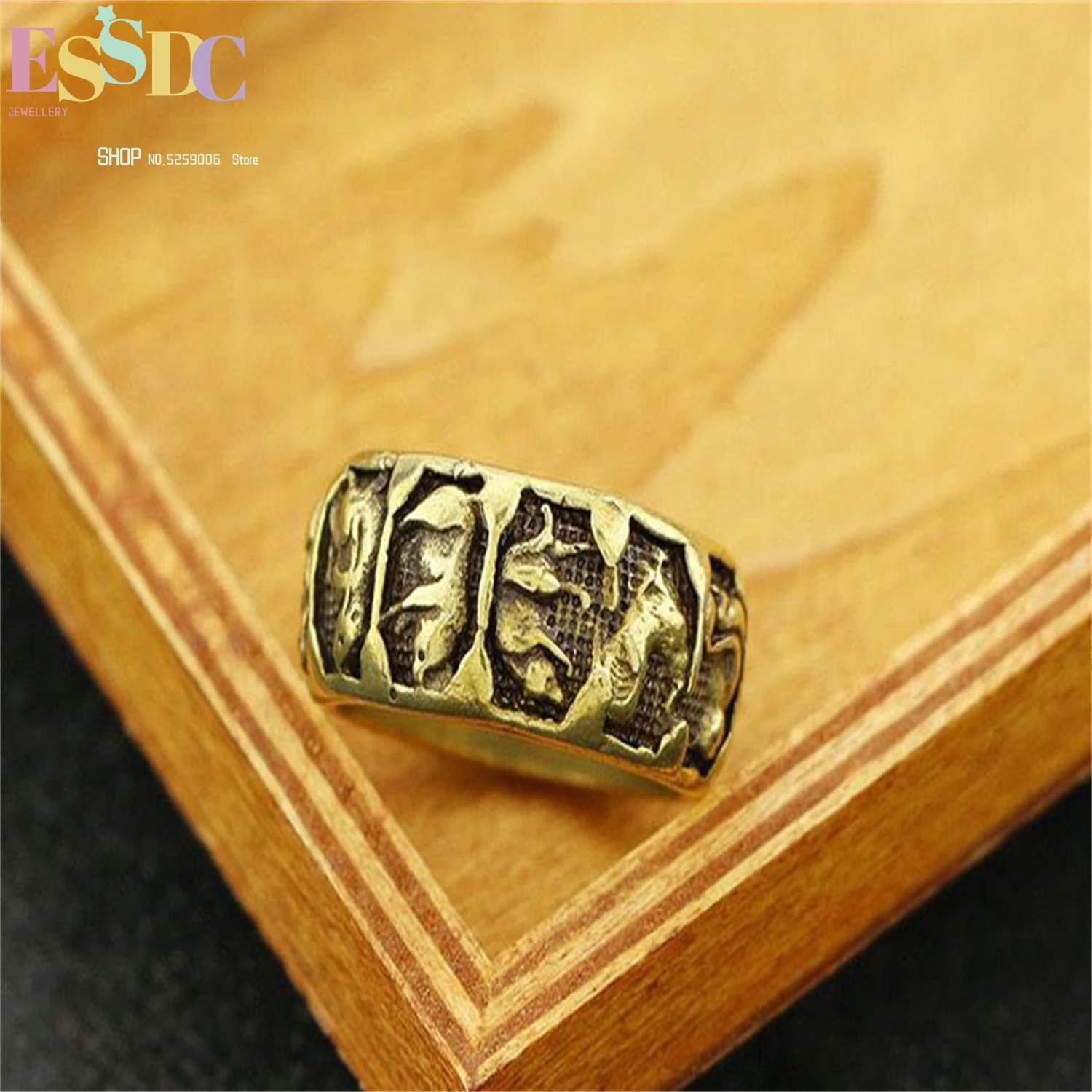 Chinese Zodiac Brass Ring For Men Vintage Round Band Antique Ethnic Animal Signet Pinky Ring Tribal Style Mens Jewelry